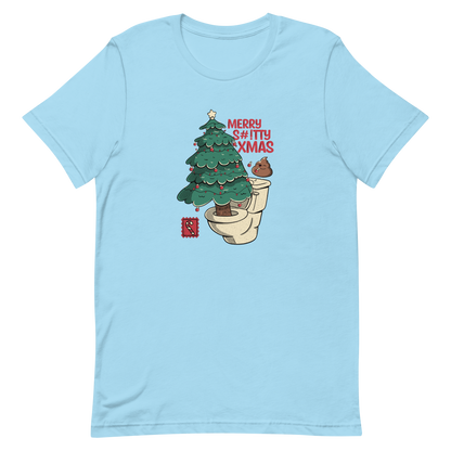 A toilet from which a Christmas tree is being decorated with Christmas decorations by a small poop, next to them the phrase "Merry Shitty Xmas". An art with a lot of humor for the Christmas mood.