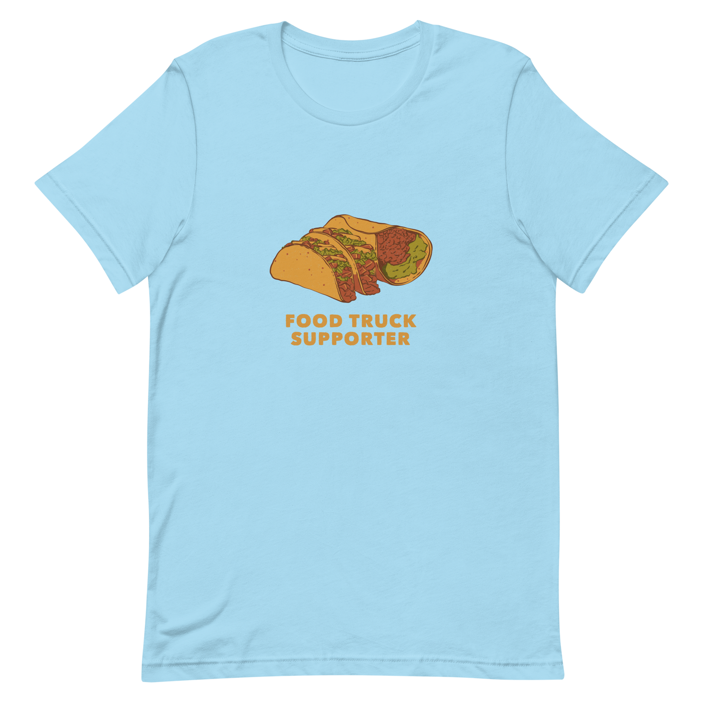 Two delicious tacos and a burrito with the phrase below "Food Truck Supporter". This design celebrates the love of street food and the joy of discovering amazing flavors on wheels. Perfect for Mexican food lovers, taco fans, and anyone who proudly supports local food trucks.