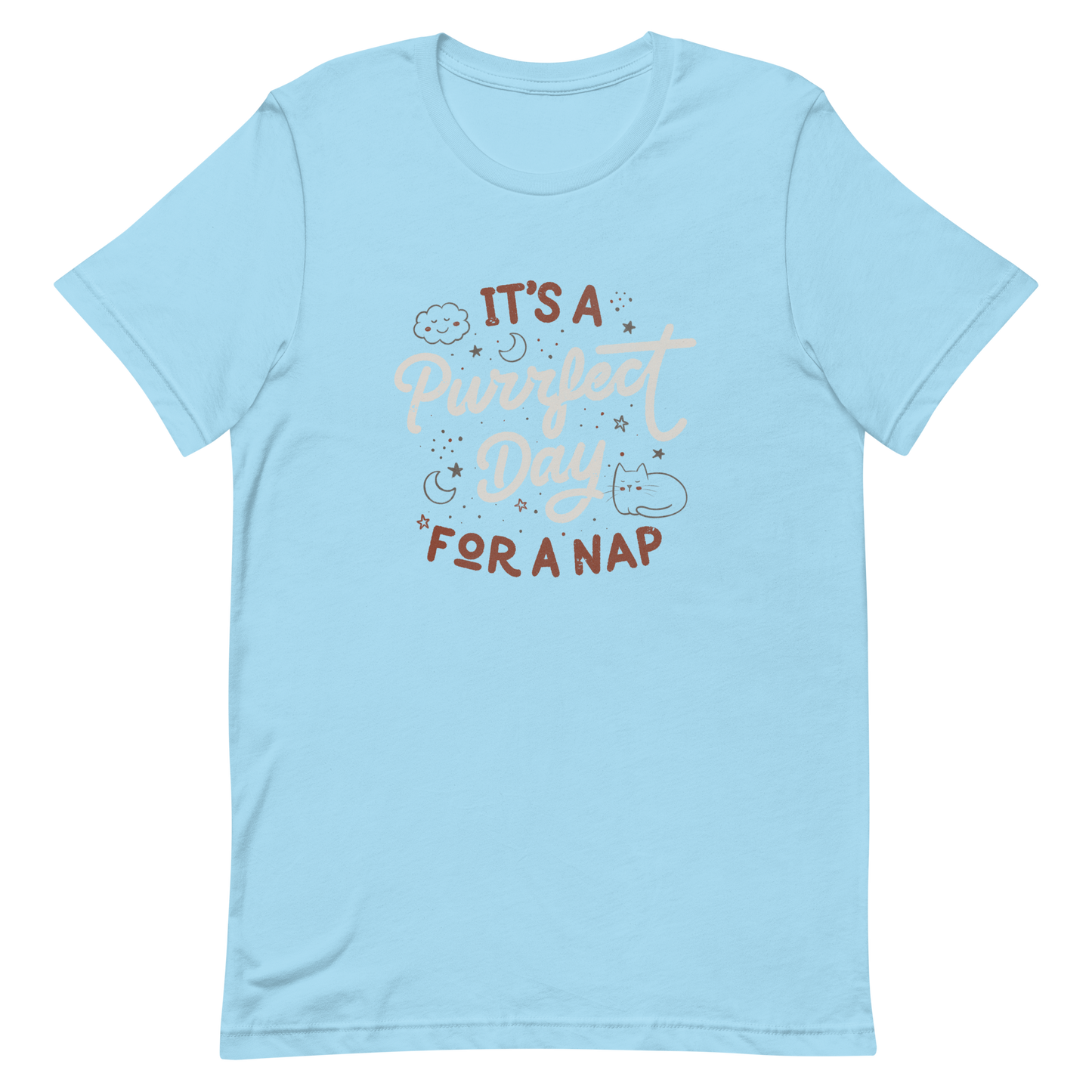 The artwork features the lettering "It's a Purrfect Day for a Nap" in a cute retro style, with a smiling cloud, stars, moons, and a relaxing kitten. This composition plays on the pun of "purrfect" and conveys all the charm of felines in their favorite moment: napping. Ideal for cat lovers, fans of funny phrases, and those who love to transform laziness into a lifestyle.