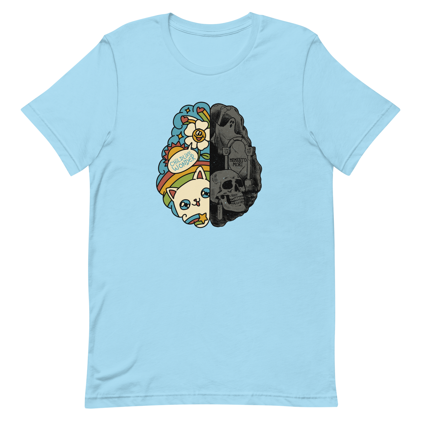 This artwork depicts a split brain, one side cheerful and vibrant with a cute cat, rainbows, and the phrase "Childlike Wonder," the other dark and gothic with skulls and the inscription "Memento Mor". It represents the duality between life and mortality, joy and decay. A perfect choice for fans of art with a macabre yet cute touch, psychological themes, and people who have an inner duality.