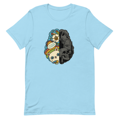 This artwork depicts a split brain, one side cheerful and vibrant with a cute cat, rainbows, and the phrase "Childlike Wonder," the other dark and gothic with skulls and the inscription "Memento Mor". It represents the duality between life and mortality, joy and decay. A perfect choice for fans of art with a macabre yet cute touch, psychological themes, and people who have an inner duality.