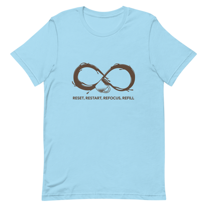 A coffee cup spills endlessly, forming an infinity symbol made of flowing coffee. This artwork celebrates the endless cycle of energy, focus, and motivation that keeps us going. Perfect for coffee lovers, caffeine addicts, and anyone who believes that every restart begins with a refill.