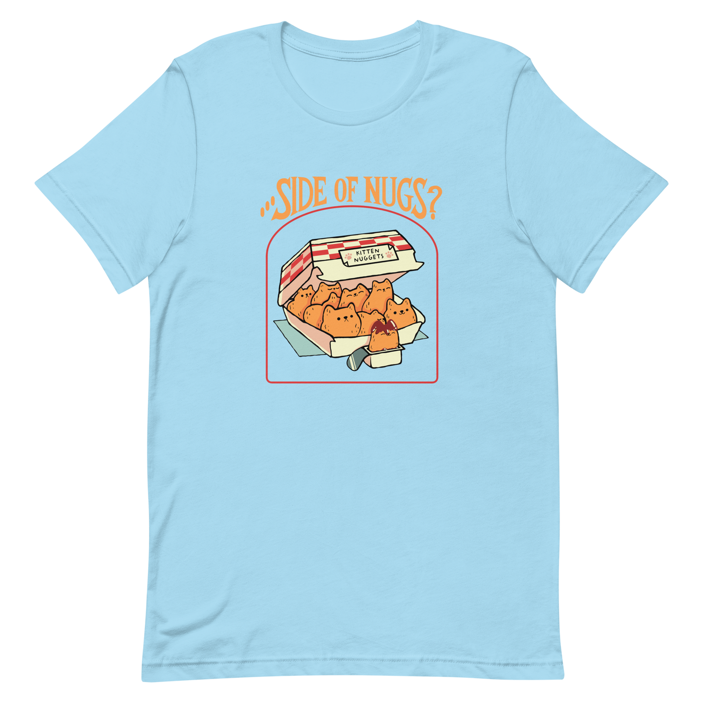 A box of cute, cat-shaped chicken nuggets, with the text "side of nugs?" on top. A work of art that blends humor, kittens, and fast food.