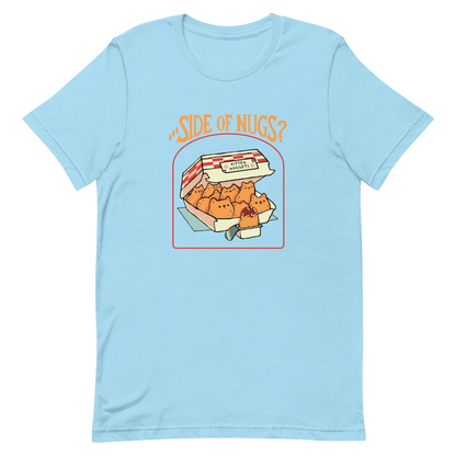 A box of cute, cat-shaped chicken nuggets, with the text "side of nugs?" on top. A work of art that blends humor, kittens, and fast food.