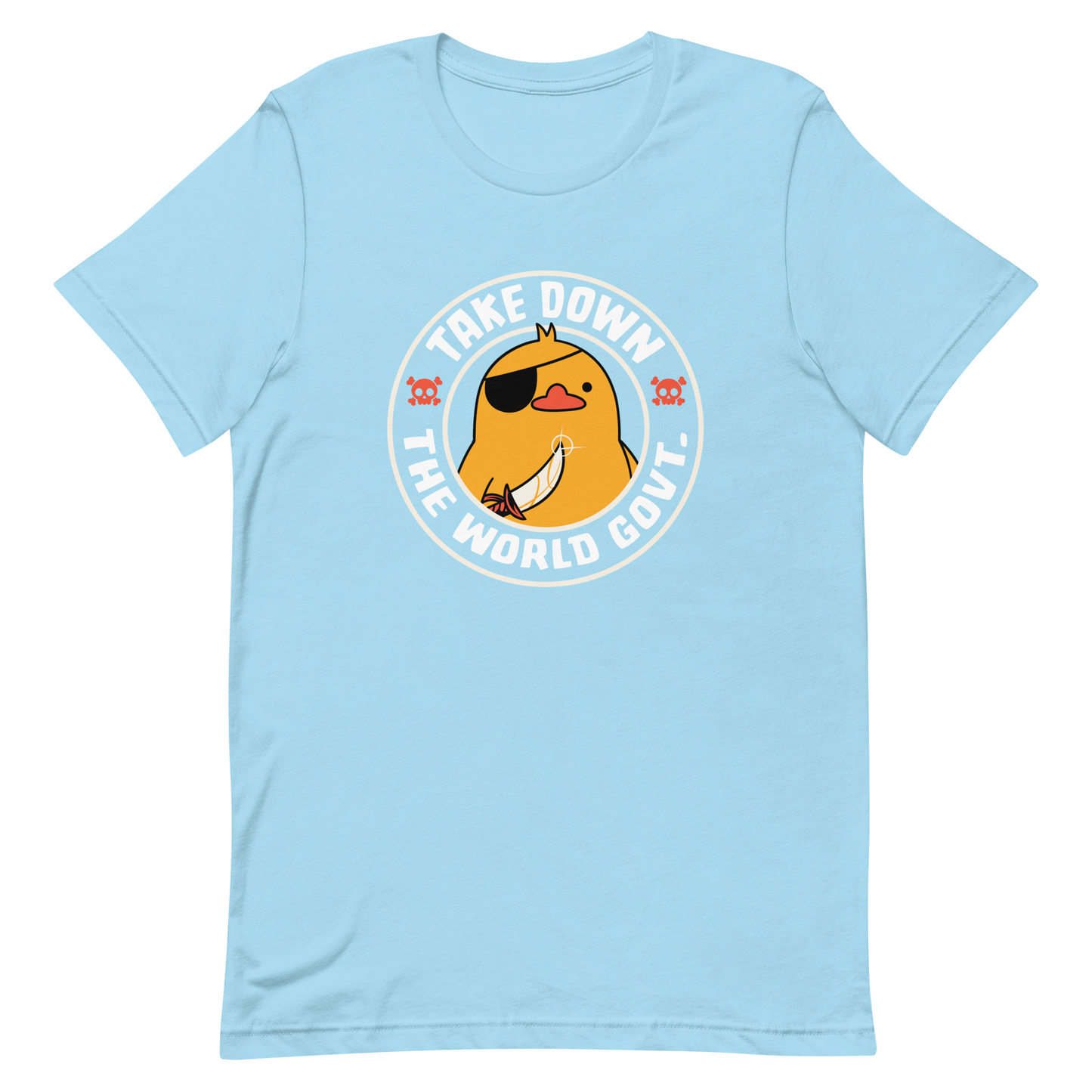 A stamp-like design featuring a fearless duck wearing an eyepatch and wielding a sword, with the words “Take Down The World Govt.” written around it. This artwork represents rebellion and independence for those who refuse to follow rules . Ideal for free-spirited people, pirate adventures appreciators, duck lovers or those who simply enjoy unique and irreverent art.