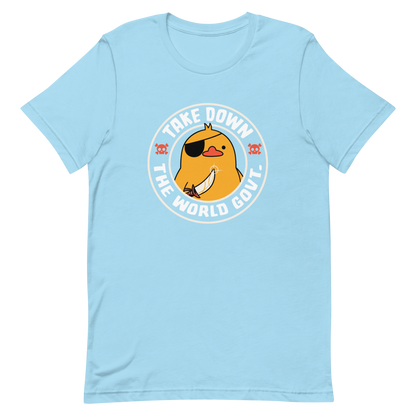 A stamp-like design featuring a fearless duck wearing an eyepatch and wielding a sword, with the words “Take Down The World Govt.” written around it. This artwork represents rebellion and independence for those who refuse to follow rules . Ideal for free-spirited people, pirate adventures appreciators, duck lovers or those who simply enjoy unique and irreverent art.