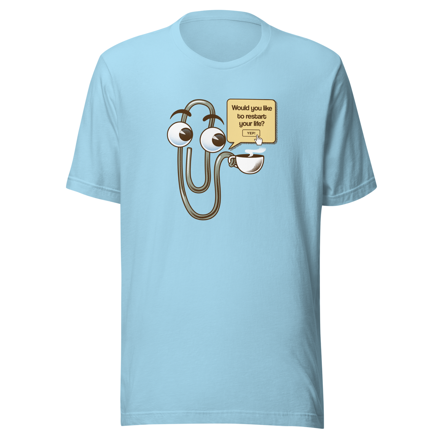 A playful paperclip character holding a cup of coffee with the phrase ‘You Look Like You Need a Coffee’. A witty, nostalgic design perfect for coffee lovers and fans of retro tech humour.