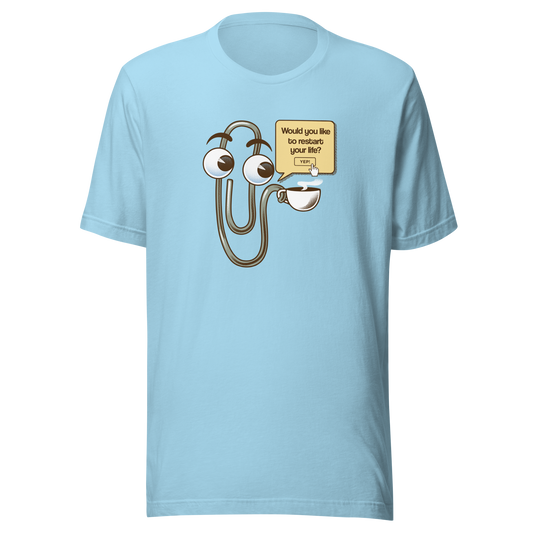 A playful paperclip character holding a cup of coffee with the phrase ‘You Look Like You Need a Coffee’. A witty, nostalgic design perfect for coffee lovers and fans of retro tech humour.