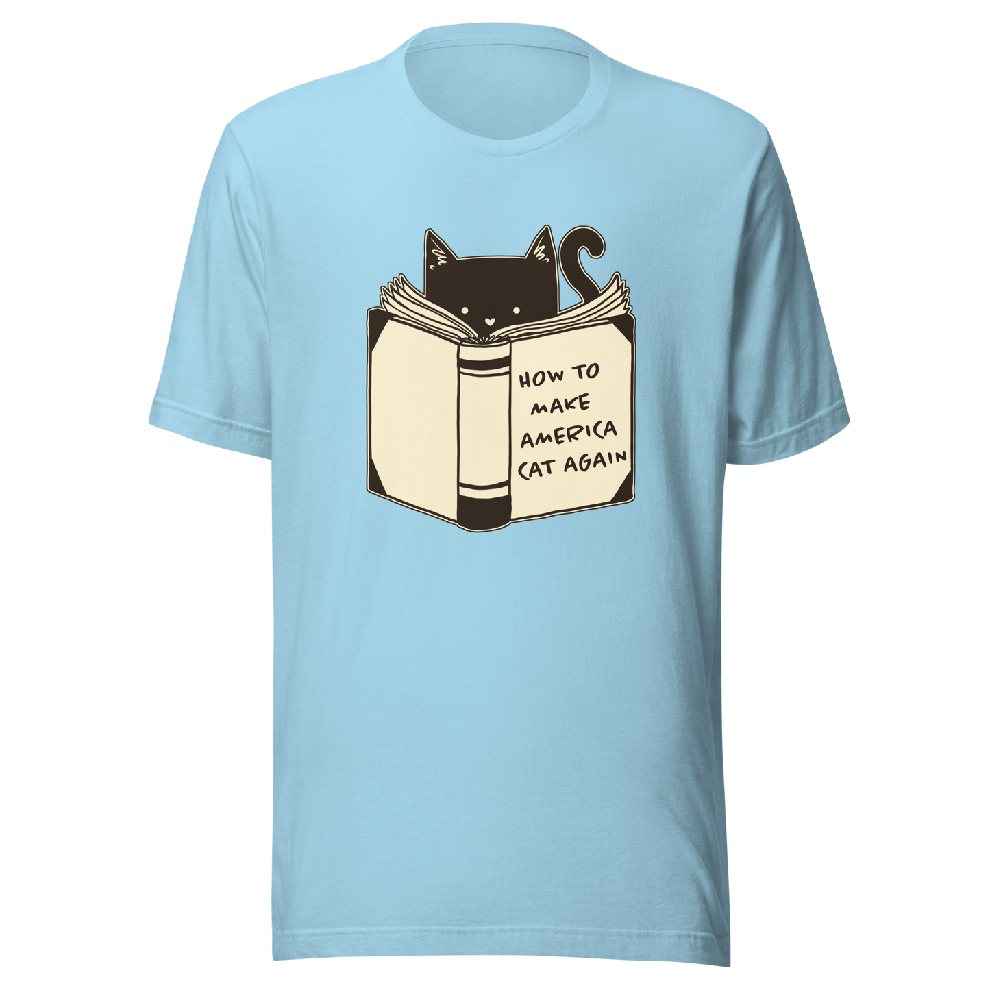 A minimalist illustration of a cat reading a book titled “How to Make America Cat Again”. A clean, witty design that blends feline charm with ironic humor, perfect for cat lovers and fans of clever, minimalist art.
