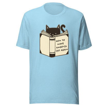 A minimalist illustration of a cat reading a book titled “How to Make America Cat Again”. A clean, witty design that blends feline charm with ironic humor, perfect for cat lovers and fans of clever, minimalist art.