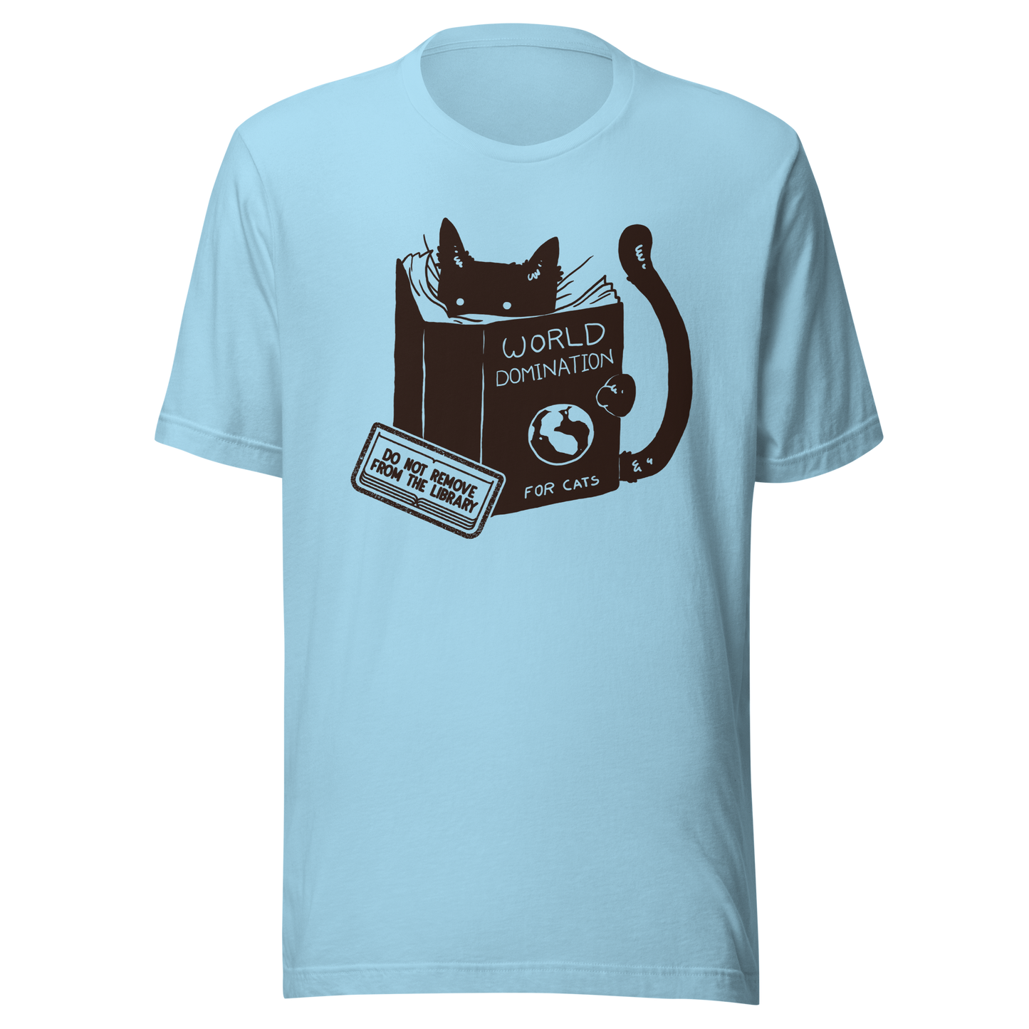 A minimalist illustration of a black kitten reading a book titled “World Domination for Cats,” featuring a humorous “Do Not Remove From Library” sticker. A playful artwork that captures the clever and ambitious nature of cats, perfect for cat lovers and fans of witty minimalist designs.