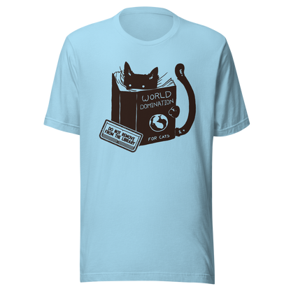 A minimalist illustration of a black kitten reading a book titled “World Domination for Cats,” featuring a humorous “Do Not Remove From Library” sticker. A playful artwork that captures the clever and ambitious nature of cats, perfect for cat lovers and fans of witty minimalist designs.
