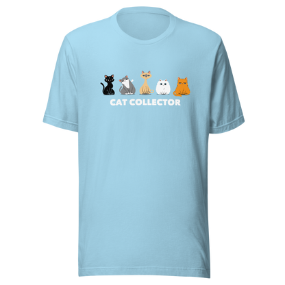 An adorable illustration featuring five kittens sitting side by side: a black kitten, a gray and white kitten, a Siamese, a fluffy white, and an orange cat. Below them, the phrase “Cat Collector” celebrates the joy of loving (and collecting) cats. A playful and charming design perfect for true cat lovers.