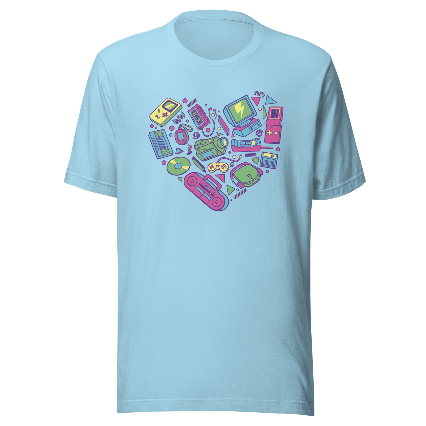 A heart made of iconic 90s electronics like computers, Walkmans, telephones, video game consoles, and Discmen, all in vibrant neon colours. A bold, nostalgic artwork perfect for anyone who loves retro tech and 90s vibes.