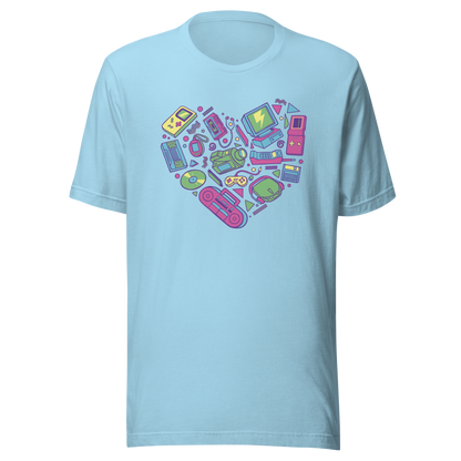 A heart made of iconic 90s electronics like computers, Walkmans, telephones, video game consoles, and Discmen, all in vibrant neon colours. A bold, nostalgic artwork perfect for anyone who loves retro tech and 90s vibes.