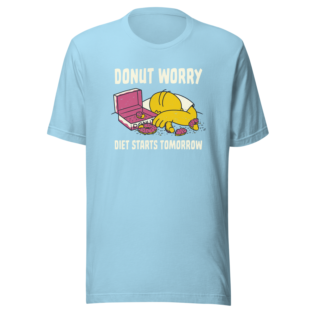 A playful design featuring a sleepy yellow cartoon character next to an open box of donuts, surrounded by crumbs and icing, with the phrase “Donut Worry Diet Starts Tomorrow”. Sweet, relatable and full of humor, it’s the perfect gift for donut lovers and anyone who believes diets can always start tomorrow.