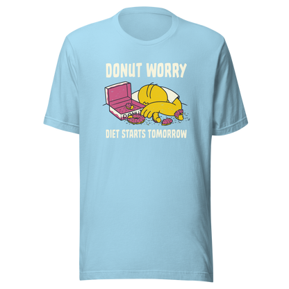 A playful design featuring a sleepy yellow cartoon character next to an open box of donuts, surrounded by crumbs and icing, with the phrase “Donut Worry Diet Starts Tomorrow”. Sweet, relatable and full of humor, it’s the perfect gift for donut lovers and anyone who believes diets can always start tomorrow.