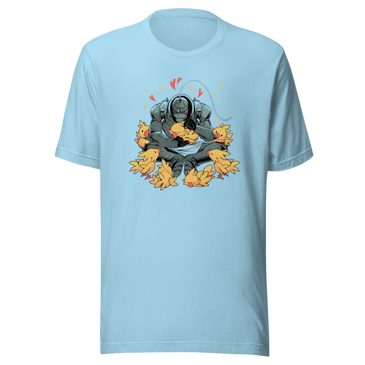 A dark armored warrior sits cross-legged, gently cuddling a group of fluffy yellow birds. Pink hearts and golden sparkles surround the unlikely duo, creating a humorous contrast between a fierce appearance and a tender, affectionate side.