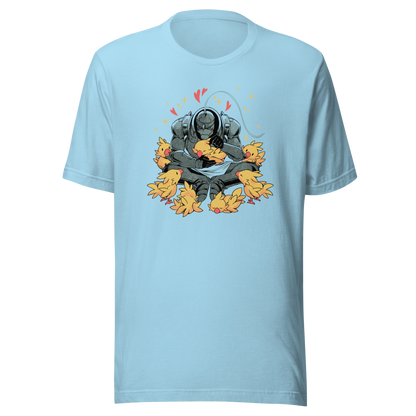 A dark armored warrior sits cross-legged, gently cuddling a group of fluffy yellow birds. Pink hearts and golden sparkles surround the unlikely duo, creating a humorous contrast between a fierce appearance and a tender, affectionate side.
