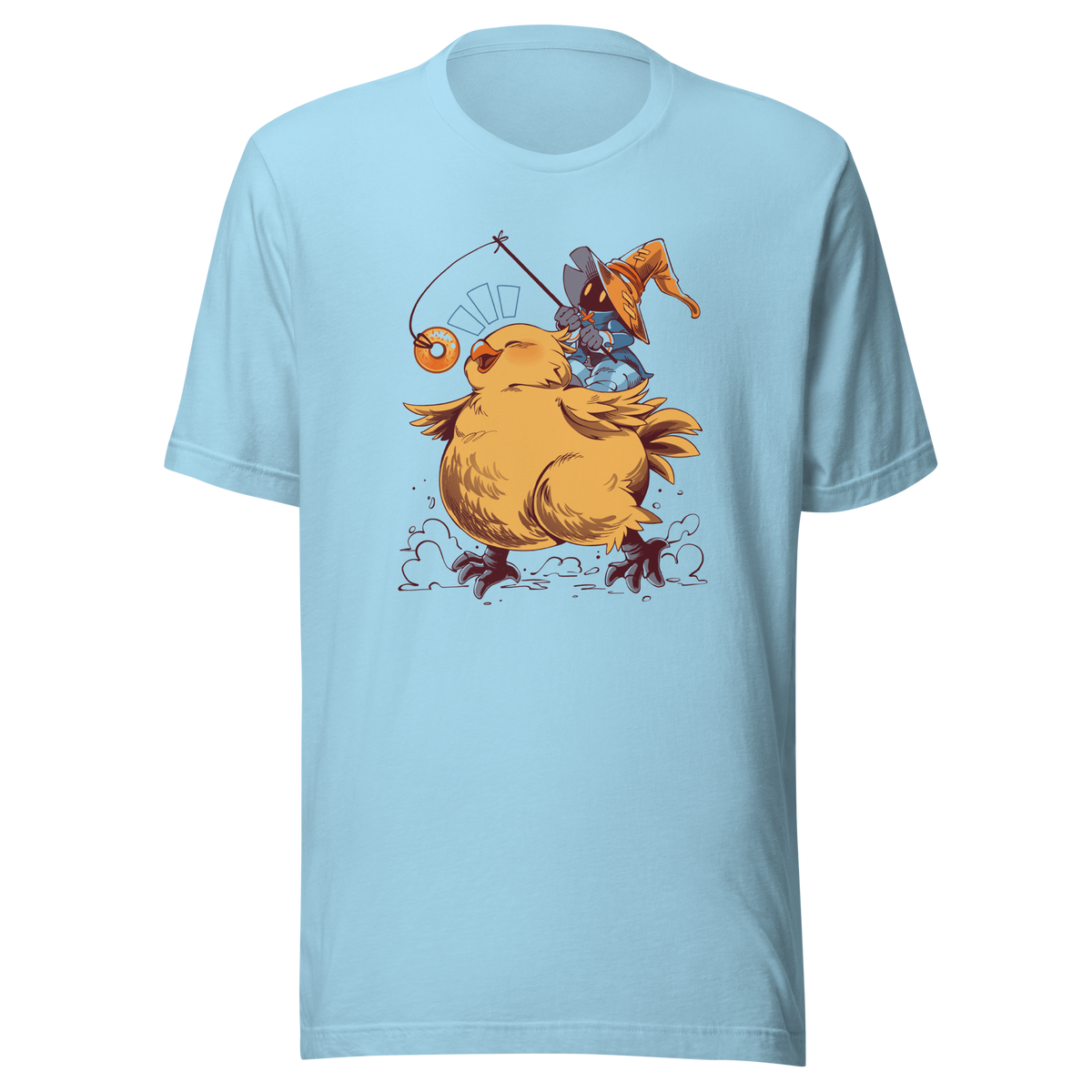 A tiny wizard rides a chunky yellow bird while chasing a dangling donut, mixing cute fantasy chaos, retro RPG charm, and playful adventure in a fun whimsical design.