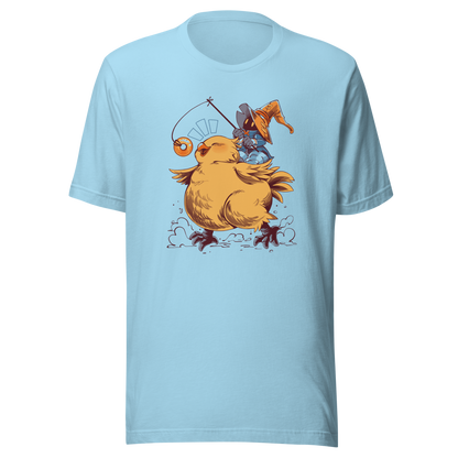 A tiny wizard rides a chunky yellow bird while chasing a dangling donut, mixing cute fantasy chaos, retro RPG charm, and playful adventure in a fun whimsical design.
