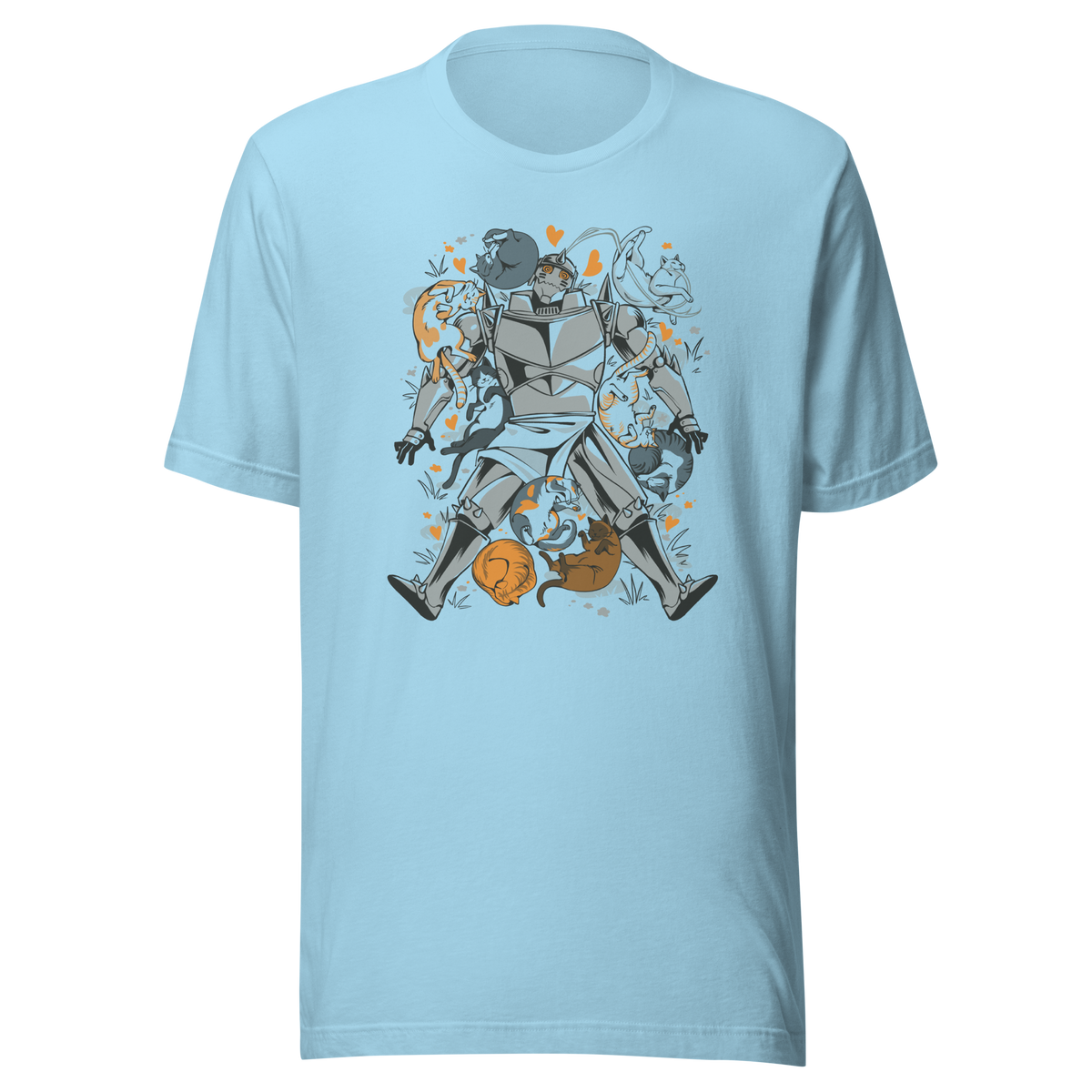 A steel-armored warrior surrounded by sleeping and playful cats, with orange hearts and tiny flowers scattered around. The humorous illustration combines medieval armor with a cozy feline theme.