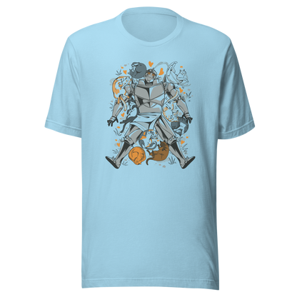 A steel-armored warrior surrounded by sleeping and playful cats, with orange hearts and tiny flowers scattered around. The humorous illustration combines medieval armor with a cozy feline theme.