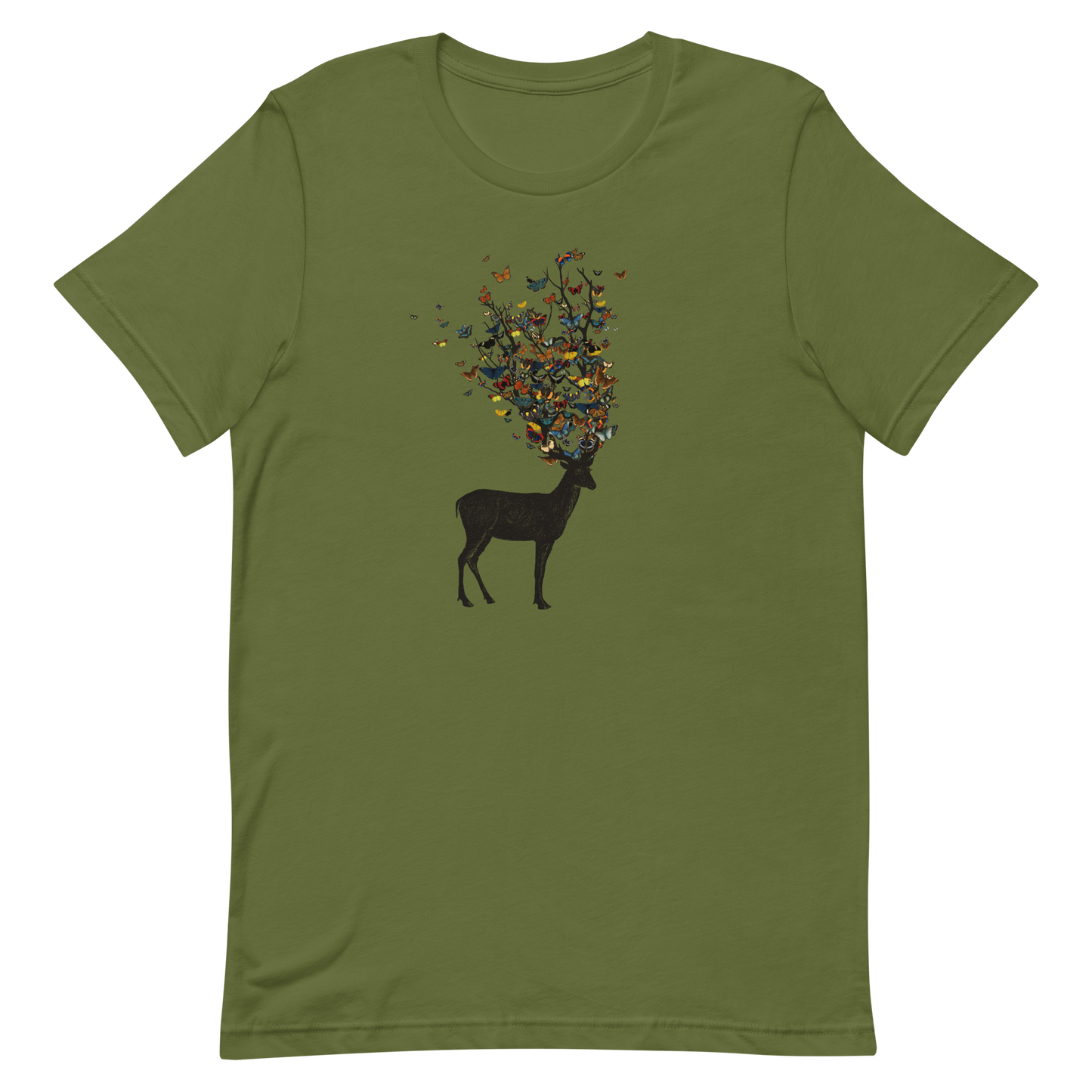 The image depicts a dark, silhouetted deer standing on a neutral background. Instead of branches, its antlers transform into a swirling cloud of vibrant, colorful butterflies that extend upwards and outward. The mix of organic and ethereal elements creates a captivating and whimsical visual contrast.