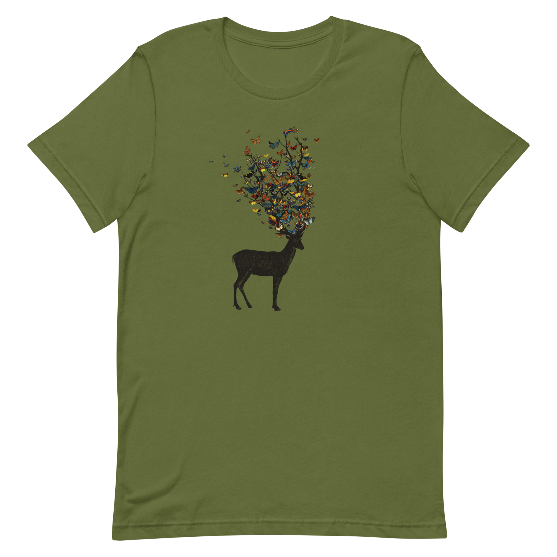 The image depicts a dark, silhouetted deer standing on a neutral background. Instead of branches, its antlers transform into a swirling cloud of vibrant, colorful butterflies that extend upwards and outward. The mix of organic and ethereal elements creates a captivating and whimsical visual contrast.