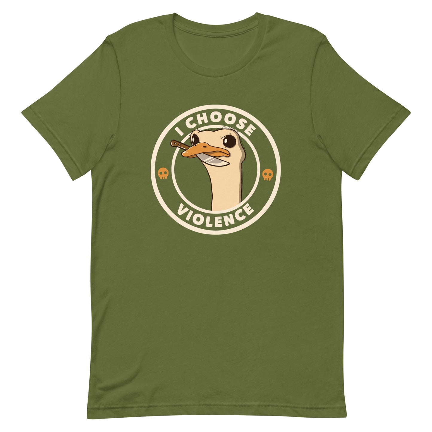 A cartoonish emu with large, expressive eyes holds a knife in its beak, suggesting a humorous and ironic menacing look. The image is framed by two circles, with the text 'I CHOOSE VIOLENCE' around the inner circle. Two small skull icons are placed on either side below the text.