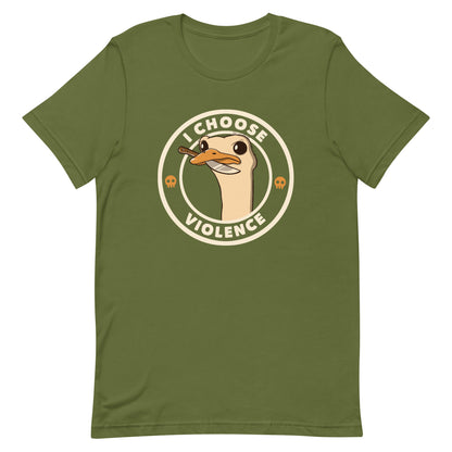 A cartoonish emu with large, expressive eyes holds a knife in its beak, suggesting a humorous and ironic menacing look. The image is framed by two circles, with the text 'I CHOOSE VIOLENCE' around the inner circle. Two small skull icons are placed on either side below the text.