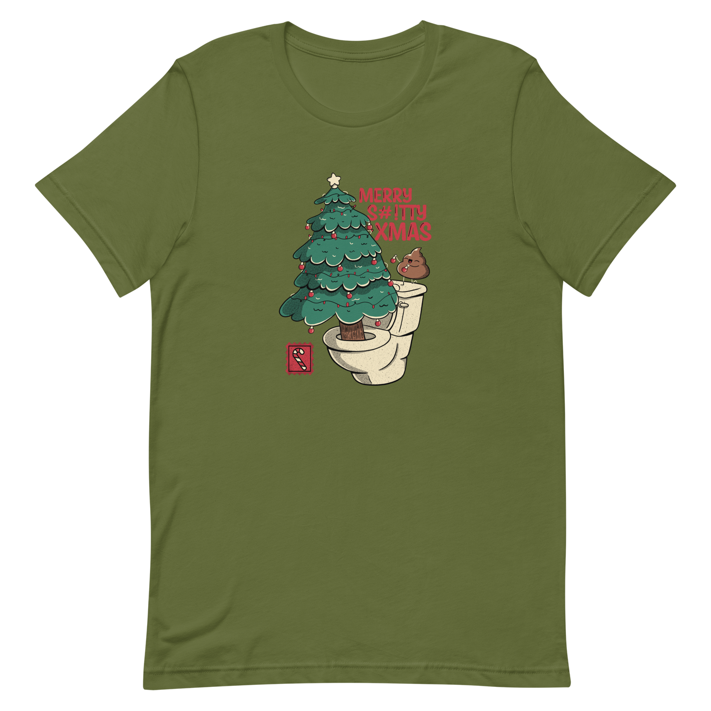 A toilet from which a Christmas tree is being decorated with Christmas decorations by a small poop, next to them the phrase "Merry Shitty Xmas". An art with a lot of humor for the Christmas mood.