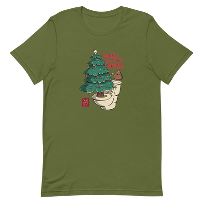 A toilet from which a Christmas tree is being decorated with Christmas decorations by a small poop, next to them the phrase "Merry Shitty Xmas". An art with a lot of humor for the Christmas mood.