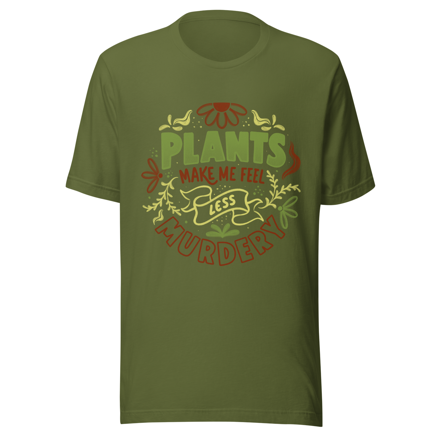 This design features leaves and flowers surrounding the bold and humorous phrase ‘Plants Make Me Feel Less Murdery’. It blends cute imagery with acerbic humour, capturing the idea that plants can soothe even the most chaotic moods. Ideal for plant parents who appreciate a clever and slightly sarcastic take on emotional honesty.