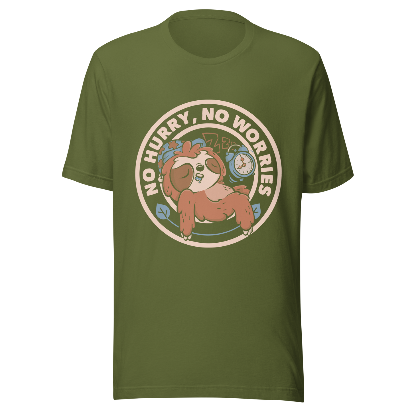 This cute artwork features a sleepy sloth wearing a sleeping cap with an alarm clock next to it and the phrase "no hurry, no worries" around it. This design celebrates the pleasure of slowing down and living without haste. Perfect for those who love light vibes, lazy humor, and prints that embrace a tired soul.