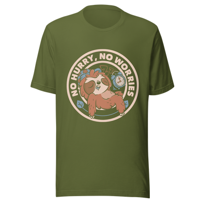 This cute artwork features a sleepy sloth wearing a sleeping cap with an alarm clock next to it and the phrase "no hurry, no worries" around it. This design celebrates the pleasure of slowing down and living without haste. Perfect for those who love light vibes, lazy humor, and prints that embrace a tired soul.