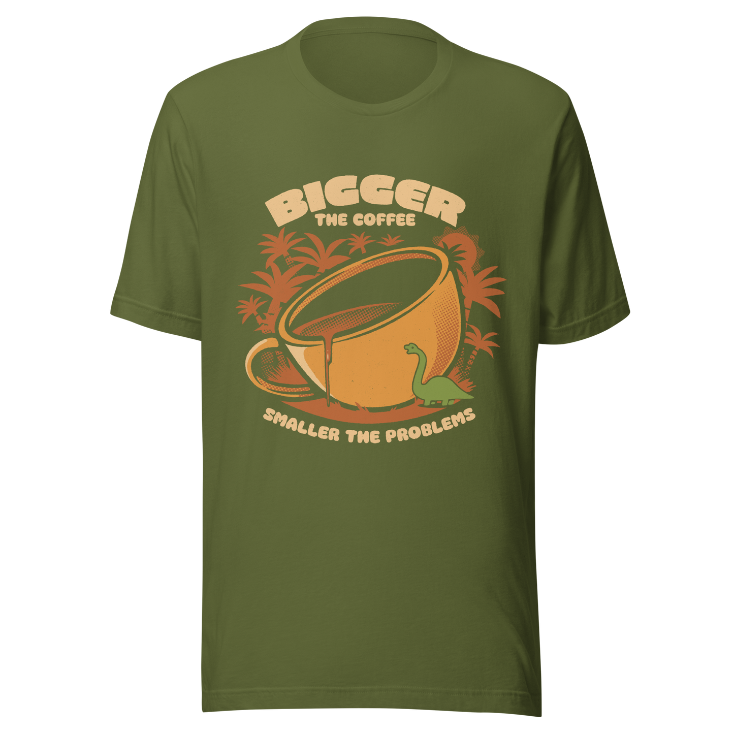 A giant retro-style coffee cup, with a little dinosaur strolling around and palm trees in the background. This design plays on the phrase "Bigger the coffee, smaller the problems," creating a cute and humorous scene about morning survival. Perfect for coffee lovers, dinosaur fans, and those who enjoy fun art.