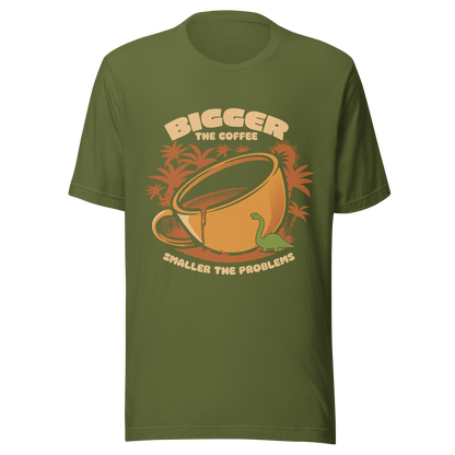 A giant retro-style coffee cup, with a little dinosaur strolling around and palm trees in the background. This design plays on the phrase "Bigger the coffee, smaller the problems," creating a cute and humorous scene about morning survival. Perfect for coffee lovers, dinosaur fans, and those who enjoy fun art.