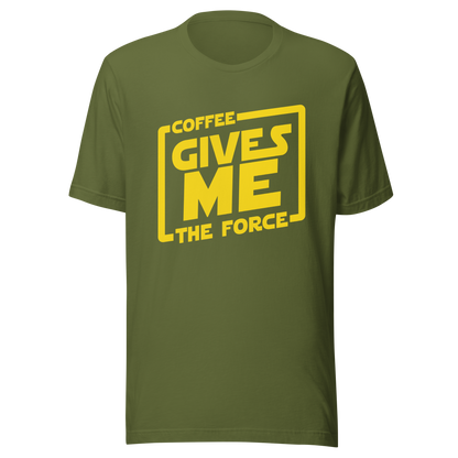 An artwork in yellow inspired by classic space adventure movies, featuring the phrase “Coffee Gives Me The Force”. A fun design for coffee lovers, sci-fi fans and anyone powered by caffeine and galaxy vibes.