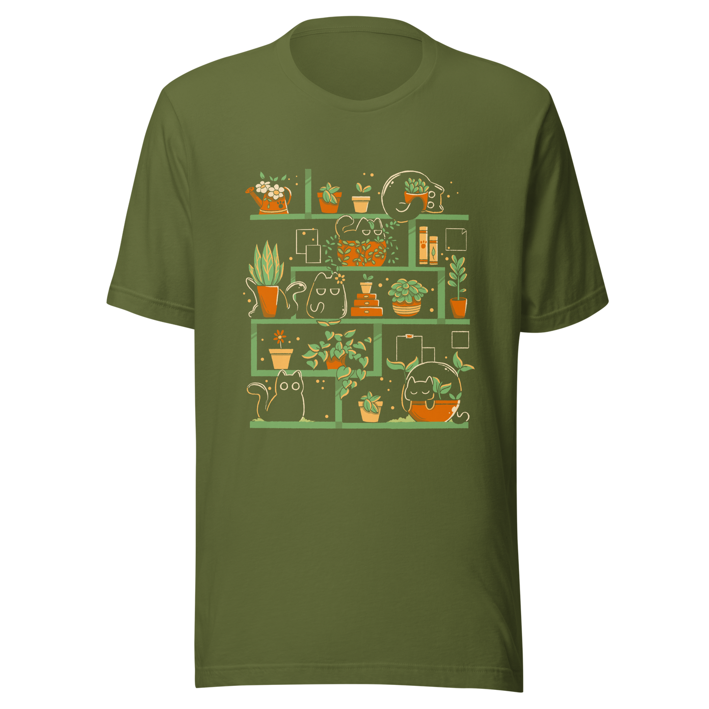 A minimalist illustration of a charming bookcase filled with lush potted plants and adorable kittens nestled among them. A cute and funny design, perfect for cat lovers, plant enthusiasts, and cosy decor fans.
