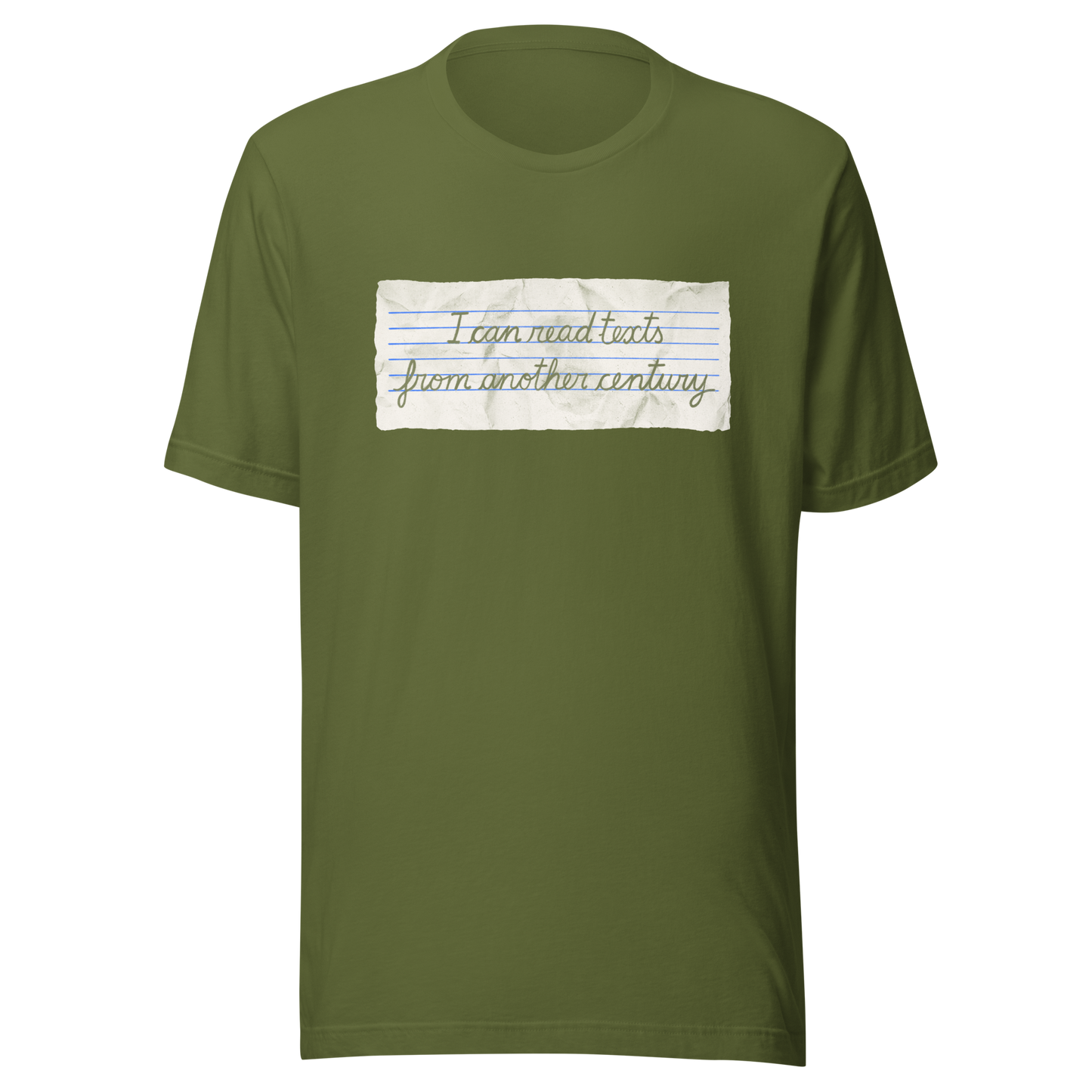 A minimalist artwork featuring handwritten lettering on crumpled, vintage notebook-style paper. The phrase “I can read texts from another century” blends nostalgia and ironic humour, making it perfect for book lovers, history enthusiasts, and literary nerds.