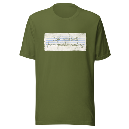 A minimalist artwork featuring handwritten lettering on crumpled, vintage notebook-style paper. The phrase “I can read texts from another century” blends nostalgia and ironic humour, making it perfect for book lovers, history enthusiasts, and literary nerds.
