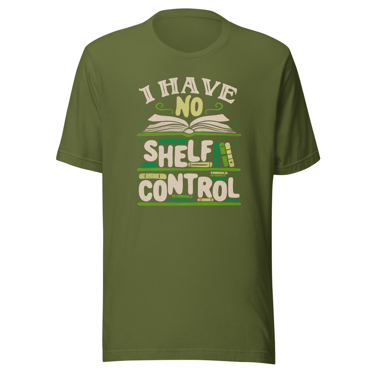 An art with a bookcase full of books and the phrase "I Have no Shelf Control". A perfect gift for anyone who is addicted to books.