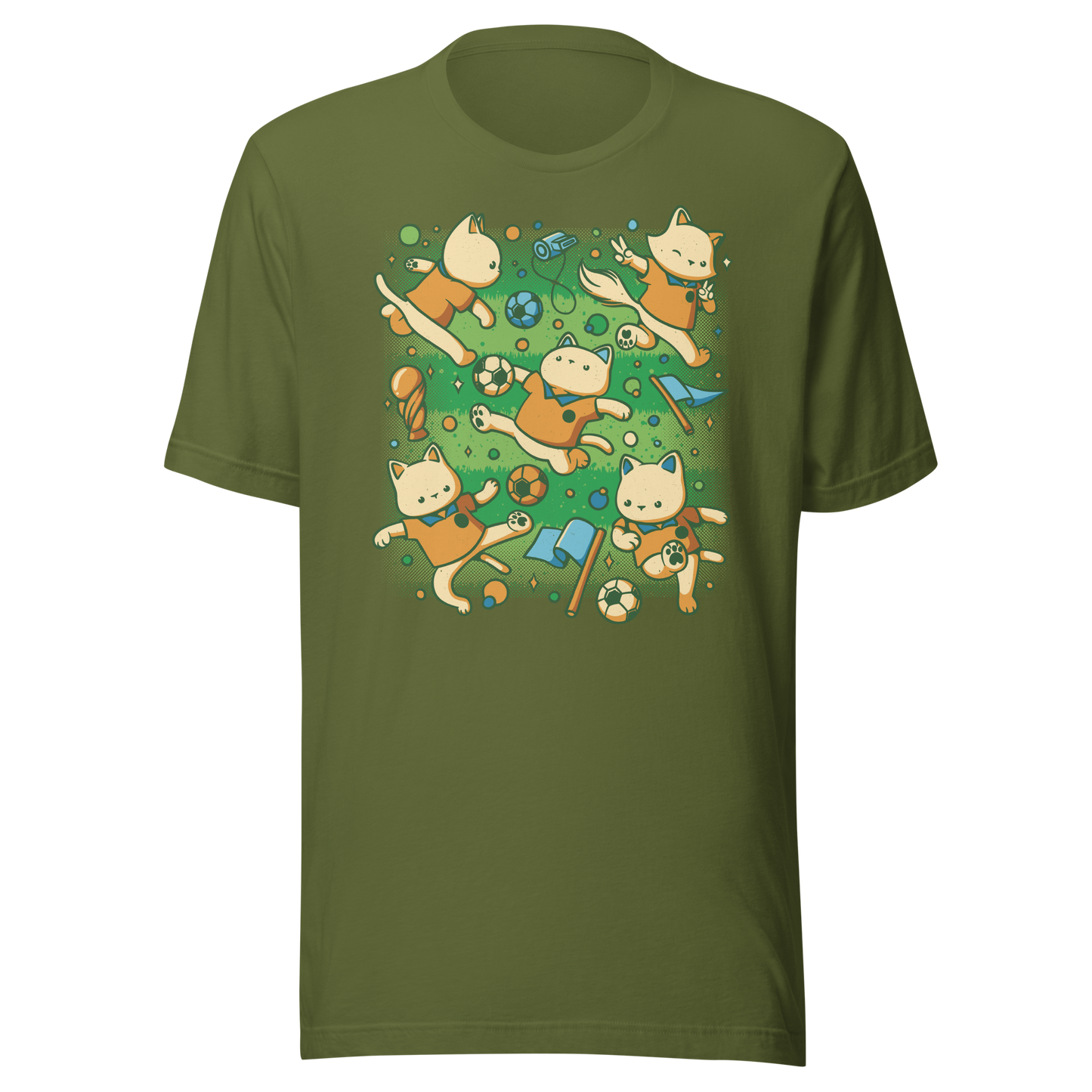 An artwork featuring several cats in soccer uniforms kicking a ball, surrounded by trophies, flags, and other football-inspired elements. A playful design perfect for cat lovers, soccer fans, and anyone who enjoys whimsical sports-themed art.