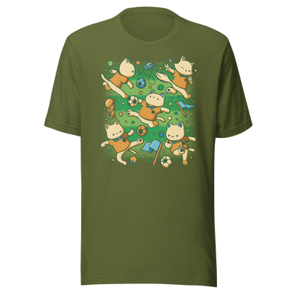 An artwork featuring several cats in soccer uniforms kicking a ball, surrounded by trophies, flags, and other football-inspired elements. A playful design perfect for cat lovers, soccer fans, and anyone who enjoys whimsical sports-themed art.