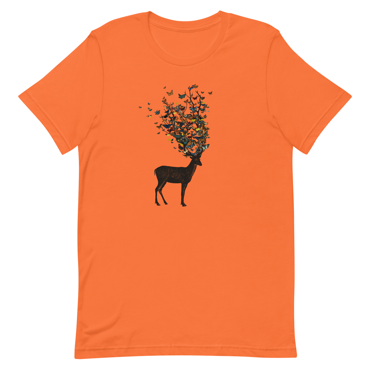 The image depicts a dark, silhouetted deer standing on a neutral background. Instead of branches, its antlers transform into a swirling cloud of vibrant, colorful butterflies that extend upwards and outward. The mix of organic and ethereal elements creates a captivating and whimsical visual contrast.