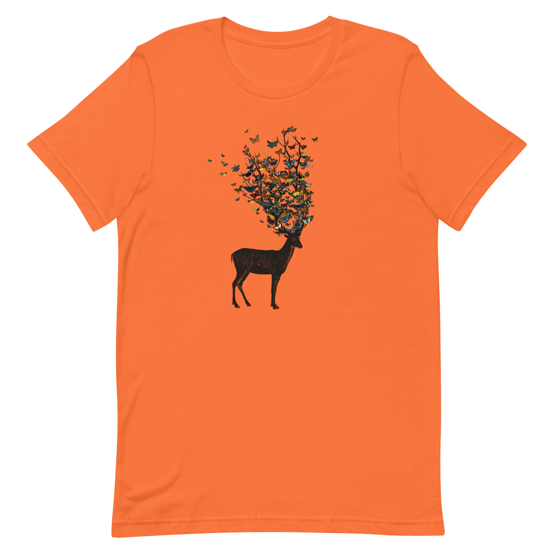 The image depicts a dark, silhouetted deer standing on a neutral background. Instead of branches, its antlers transform into a swirling cloud of vibrant, colorful butterflies that extend upwards and outward. The mix of organic and ethereal elements creates a captivating and whimsical visual contrast.