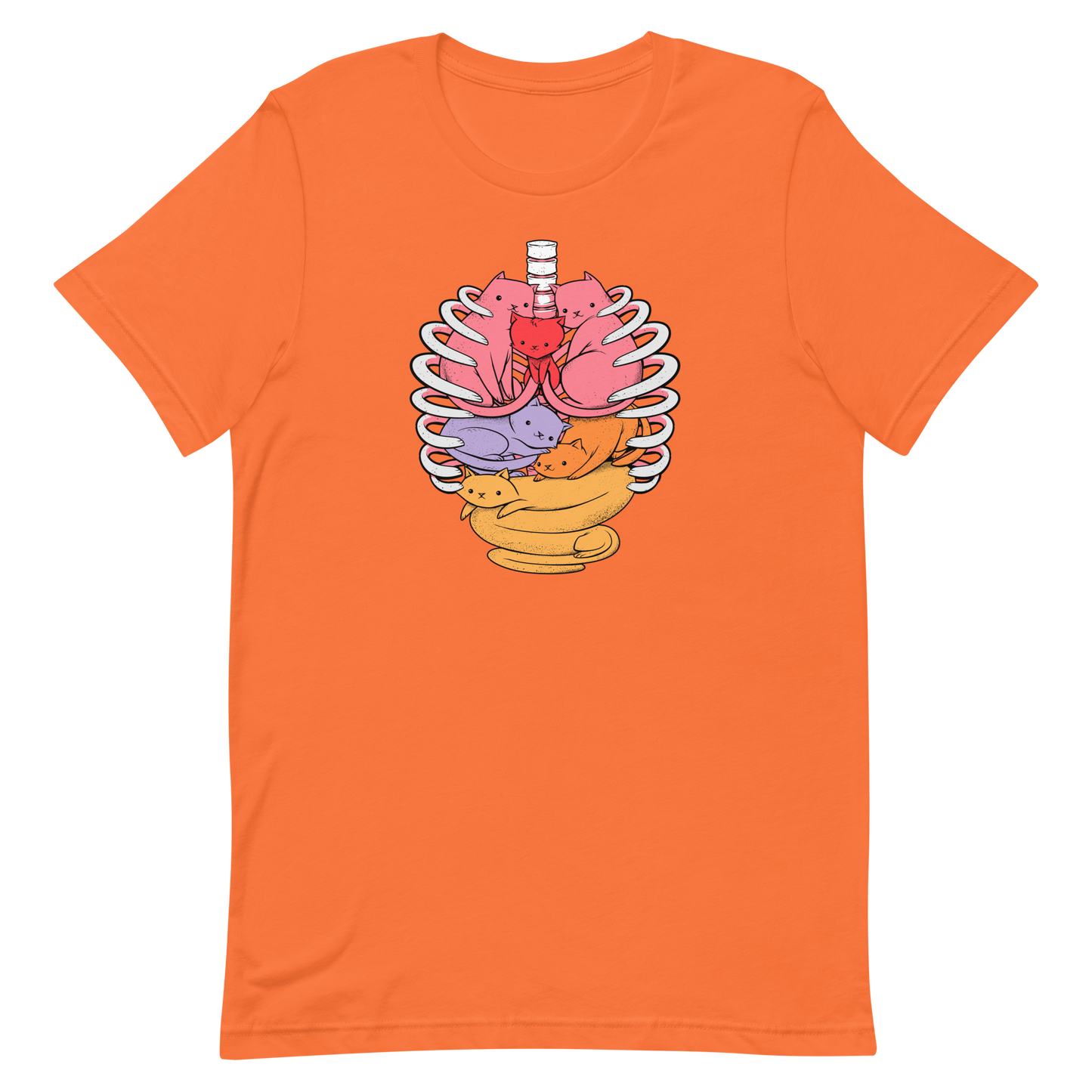 The image features a unique and colorful illustration of six whimsical cats nestled within and around a human ribcage. Each cat is a different bright color, ranging from pink and purple to orange and yellow, creating a visually appealing and vibrant composition. The use of contrasting colors and playful subject matter gives it a charming and eye-catching style.