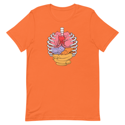 The image features a unique and colorful illustration of six whimsical cats nestled within and around a human ribcage. Each cat is a different bright color, ranging from pink and purple to orange and yellow, creating a visually appealing and vibrant composition. The use of contrasting colors and playful subject matter gives it a charming and eye-catching style.