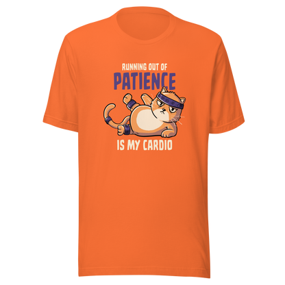 An orange kitten in gym clothes mid-aerobics, serving effort… and attitude. Paired with the phrase "Running Out Of Patience Is My Cardio", this funny cat design is perfect for anyone who considers sarcasm their main workout. A playful, relatable illustration for cat lovers, gym avoiders, and fans of witty humor.